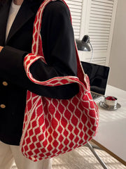 Red Knitting Shoulder Bag Large Capacity Tote Women's Handbag