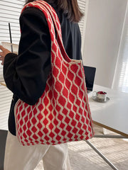 Red Knitting Shoulder Bag Large Capacity Tote Women's Handbag
