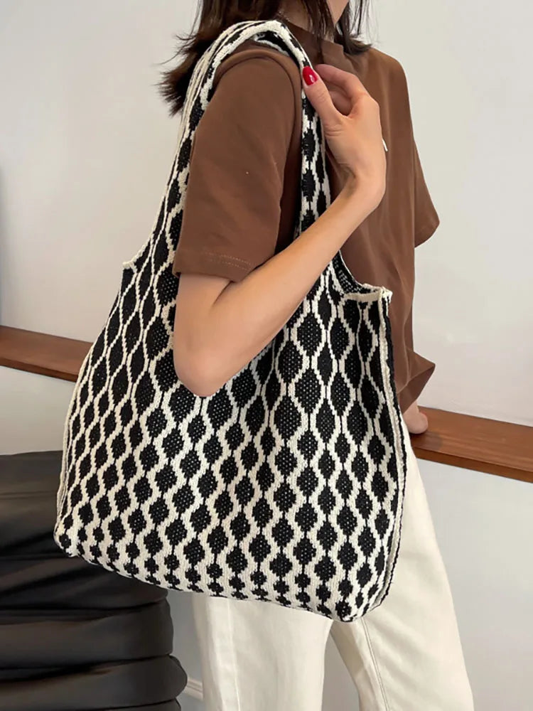 Red Knitting Shoulder Bag Large Capacity Tote Women's Handbag