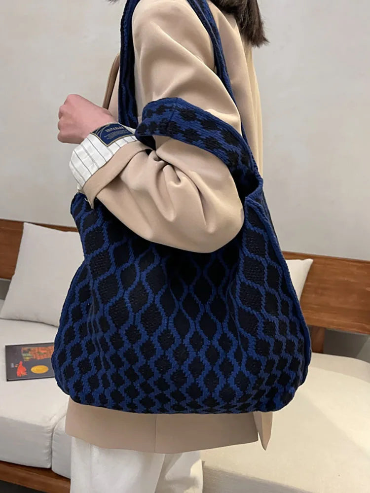 Red Knitting Shoulder Bag Large Capacity Tote Women's Handbag