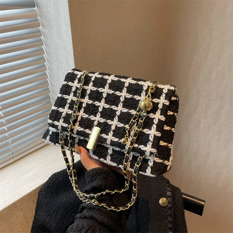 Women's Woolen Knitted Handbag Small Tweed Chain Shoulder Messenger Bag
