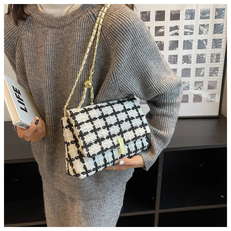 Women's Woolen Knitted Handbag Small Tweed Chain Shoulder Messenger Bag