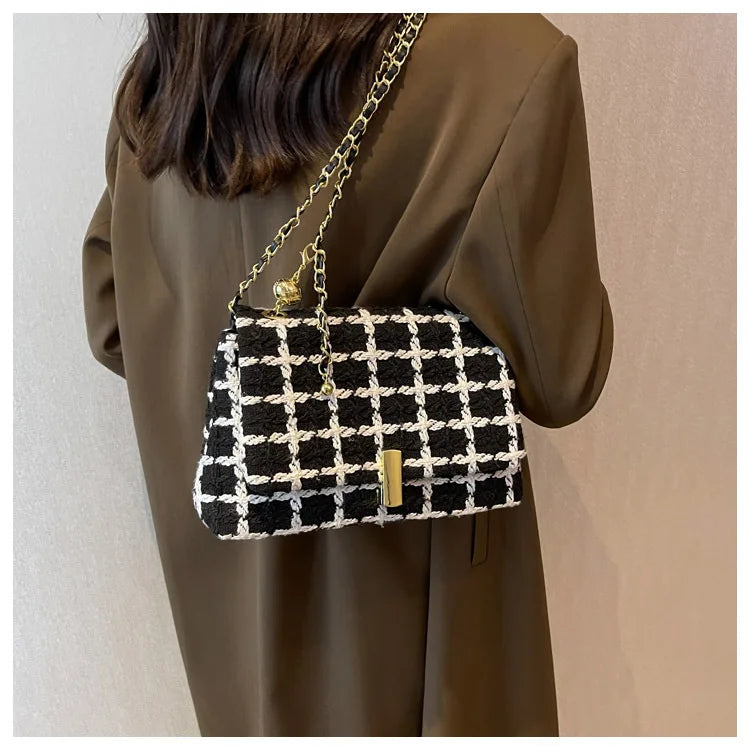Women's Woolen Knitted Handbag Small Tweed Chain Shoulder Messenger Bag