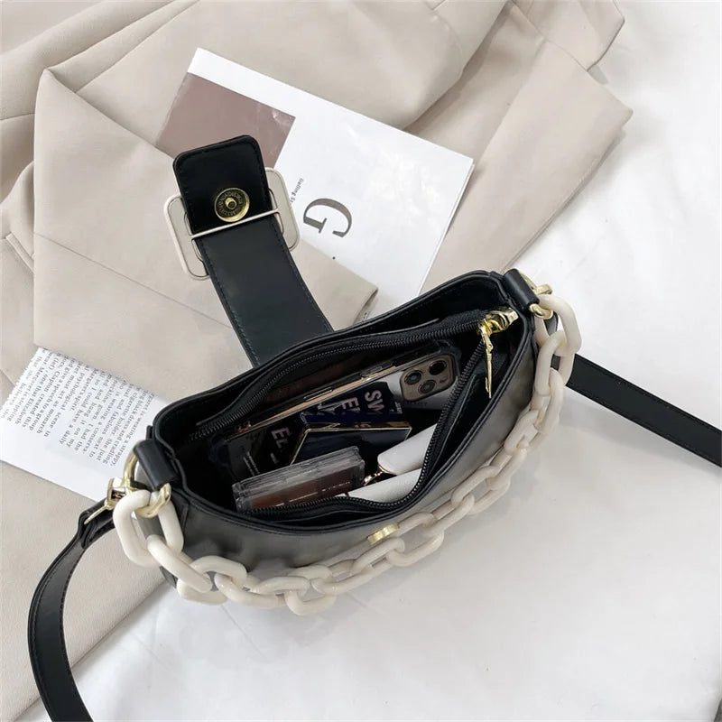 Contrast Chain Women's Handbag Shoulder Bag PU Leather Crossbody Messenger Bag