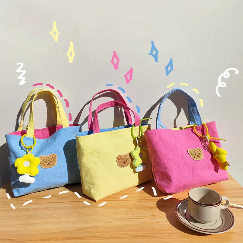 Contrasting Colors Women Canvas Shoulder Bag Bear Small Tote Handbags