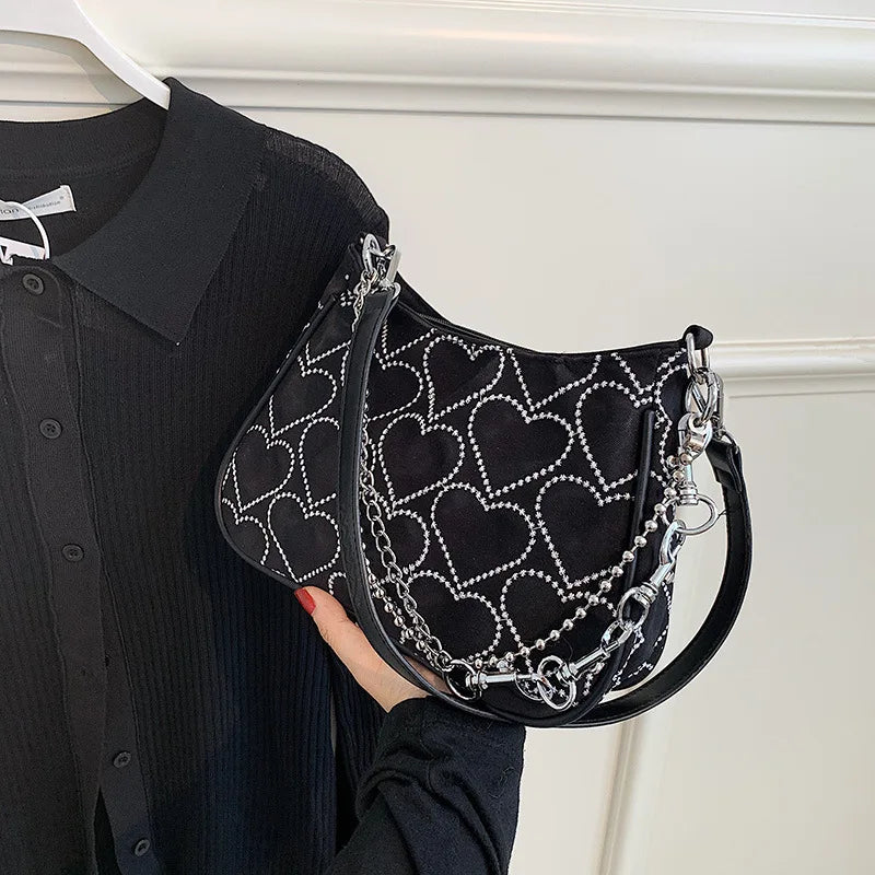 Girls Chains Shoulder Bag Heart Embroidered Handbag Armpit Bag and Purse