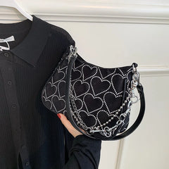 Girls Chains Shoulder Bag Heart Embroidered Handbag Armpit Bag and Purse