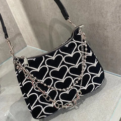 Girls Chains Shoulder Bag Heart Embroidered Handbag Armpit Bag and Purse