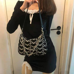 Girls Chains Shoulder Bag Heart Embroidered Handbag Armpit Bag and Purse