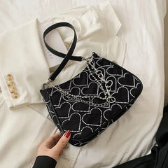 Girls Chains Shoulder Bag Heart Embroidered Handbag Armpit Bag and Purse