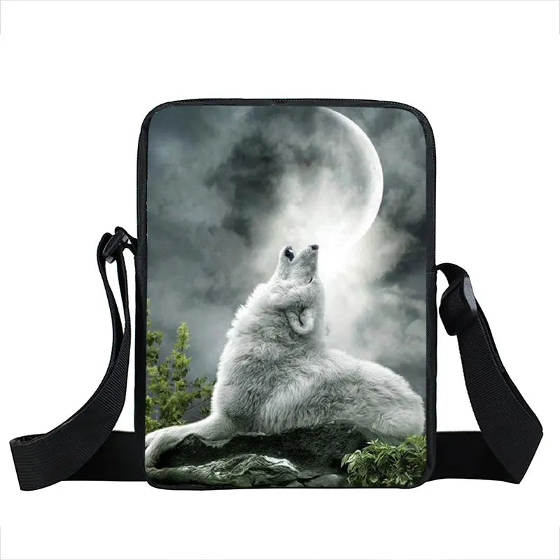 Moon and Howling Wolf Print Shoulder Bag