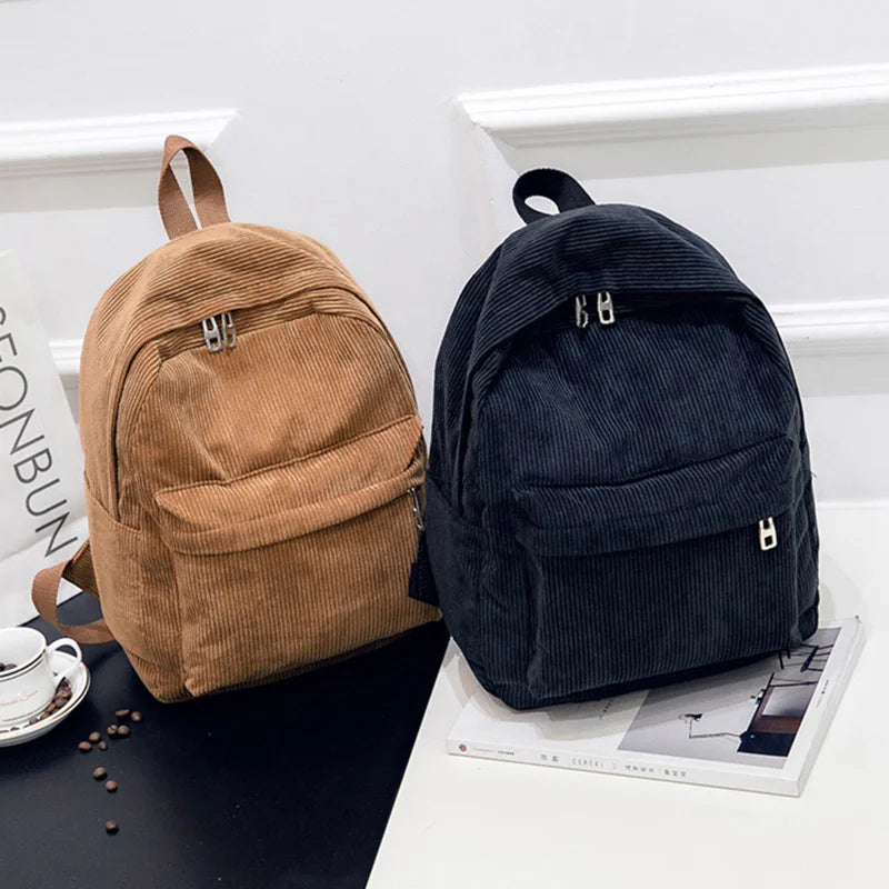 Corduroy Backpack Women School Backpack Pure Female Bagpack Pack