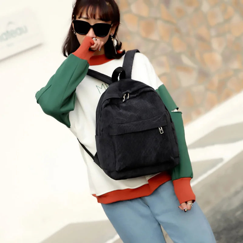 Corduroy Backpack Women School Backpack Pure Female Bagpack Pack