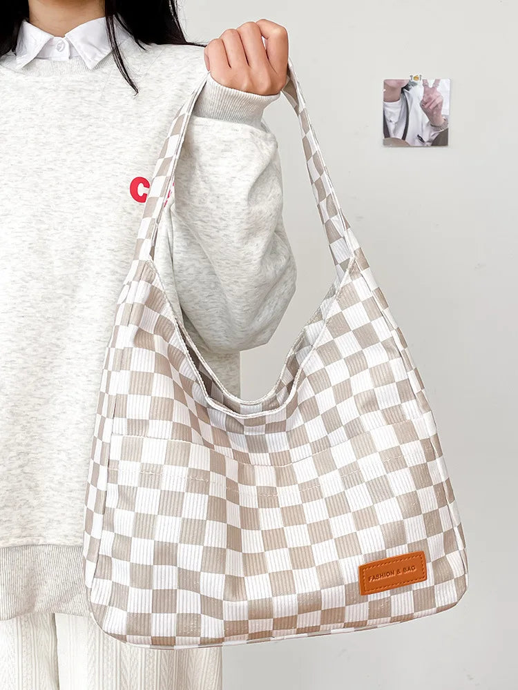 Corduroy Canvas Shoulder Tote Bags For Women Lattice Women's Hasp Handbag