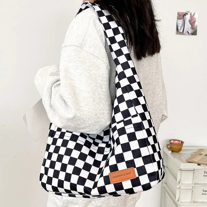 Corduroy Canvas Shoulder Tote Bags For Women Lattice Women's Hasp Handbag