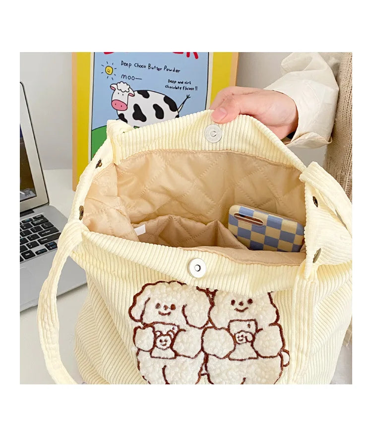 Corduroy Embroidery Women Large Shoulder Bag Schoolgirls Daily Book Tote Travel