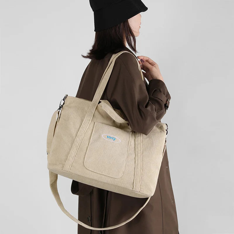 Corduroy Handbag Tote Shopping Bag Zipper Large Casual Shoulder Bags for Women
