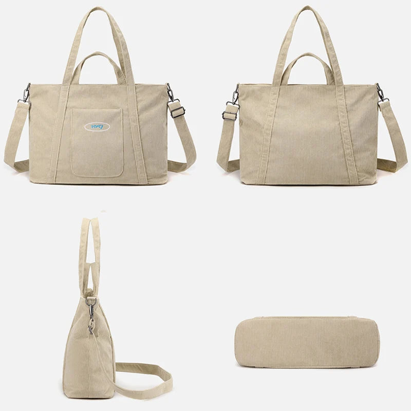 Corduroy Handbag Tote Shopping Bag Zipper Large Casual Shoulder Bags for Women