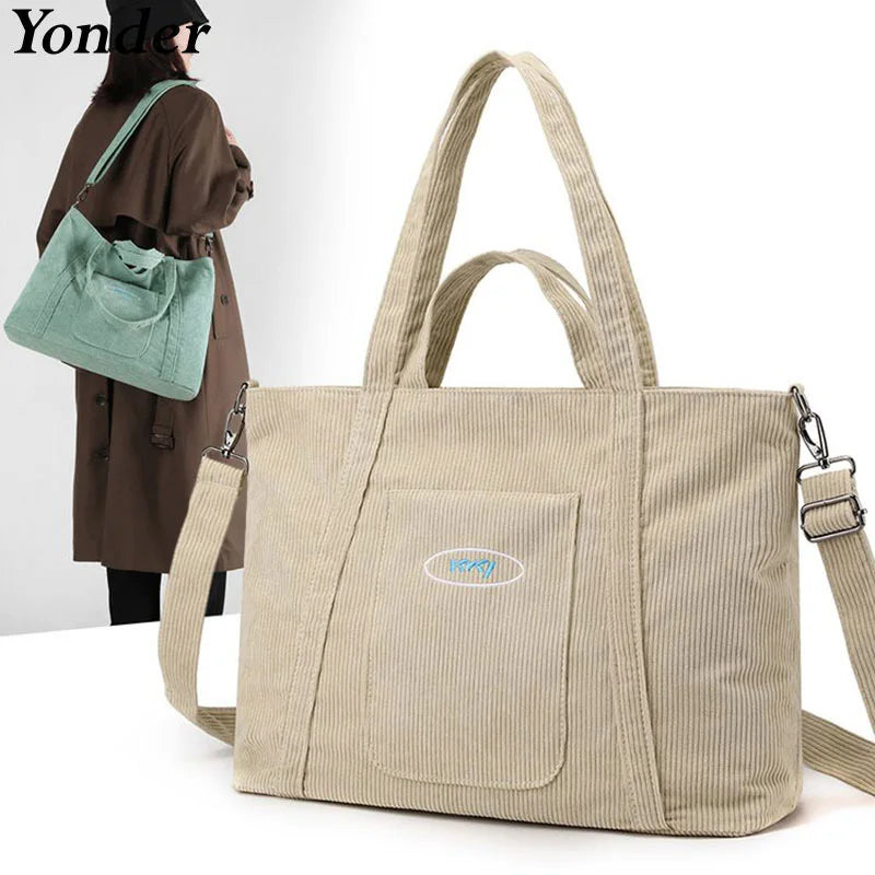 Corduroy Handbag Tote Shopping Bag Zipper Large Casual Shoulder Bags for Women