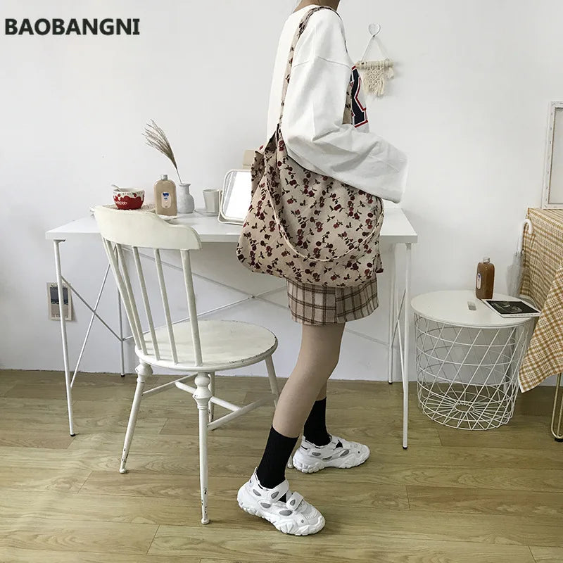 Corduroy Korea Autumn Winter Floral Crossbody Bag for Women Female