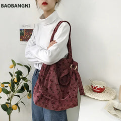 Corduroy Korea Autumn Winter Floral Crossbody Bag for Women Female