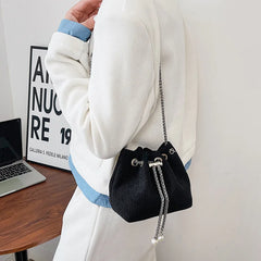 Striped Corduroy Small Bucket Clutch Bag with Chains for Women