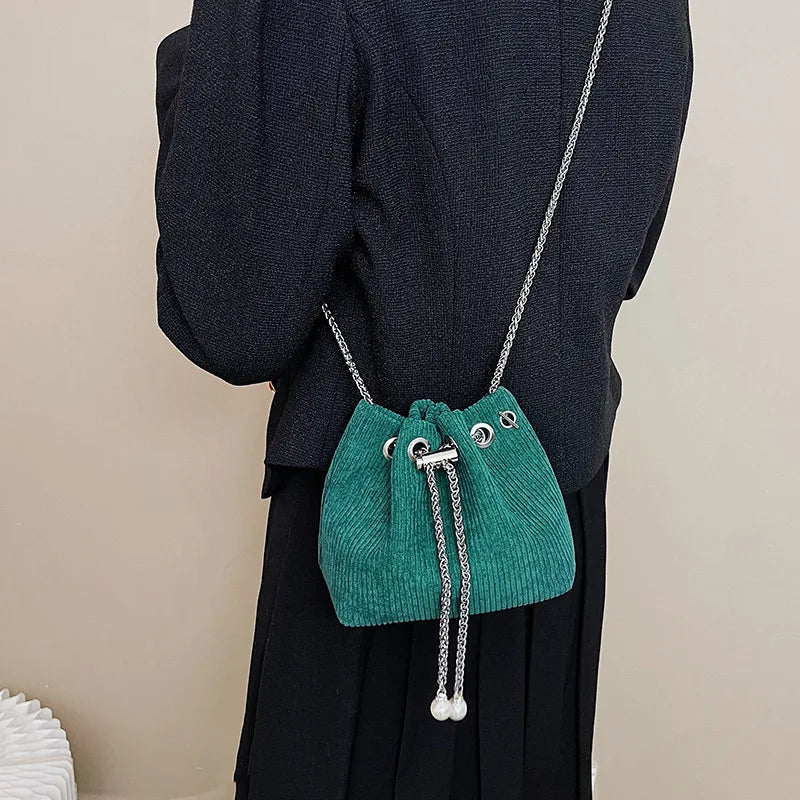 Striped Corduroy Small Bucket Clutch Bag with Chains for Women