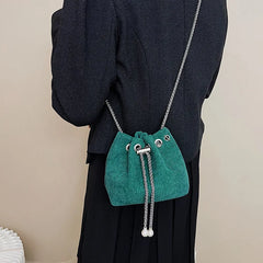 Striped Corduroy Small Bucket Clutch Bag with Chains for Women