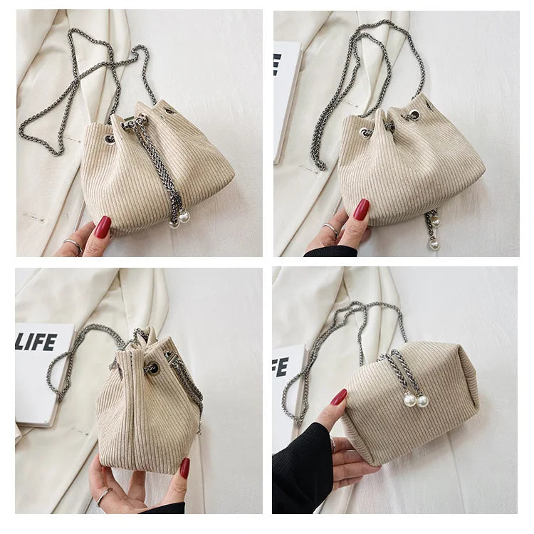 Striped Corduroy Small Bucket Clutch Bag with Chains for Women