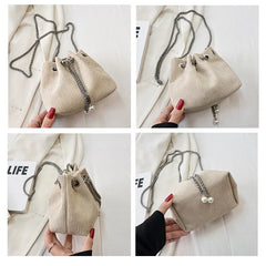 Striped Corduroy Small Bucket Clutch Bag with Chains for Women