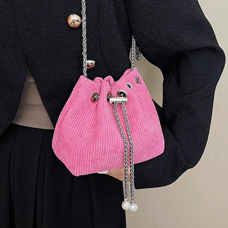 Striped Corduroy Small Bucket Clutch Bag with Chains for Women