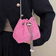 Striped Corduroy Small Bucket Clutch Bag with Chains for Women