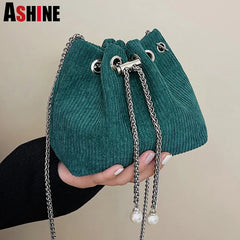 Striped Corduroy Small Bucket Clutch Bag with Chains for Women