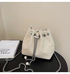 Striped Corduroy Small Bucket Clutch Bag with Chains for Women