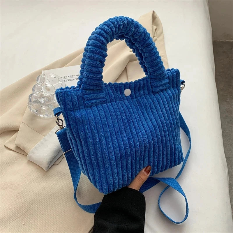Corduroy Shoulder Bag Versatile Bucket Handbag Soft Shopper Purses