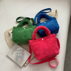 Corduroy Shoulder Bag Versatile Bucket Handbag Soft Shopper Purses