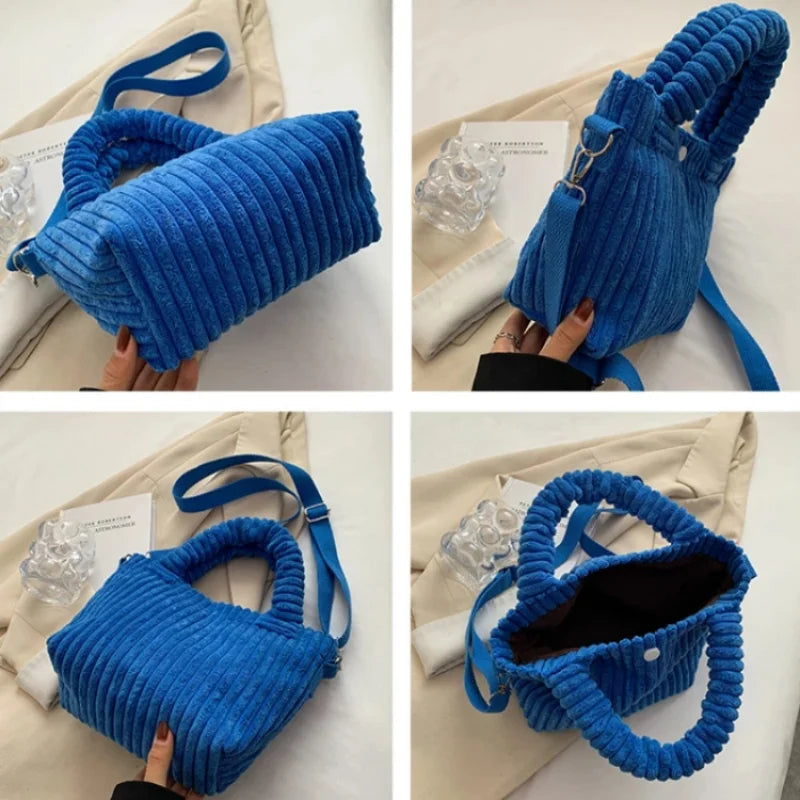 Corduroy Shoulder Bag Versatile Bucket Handbag Soft Shopper Purses