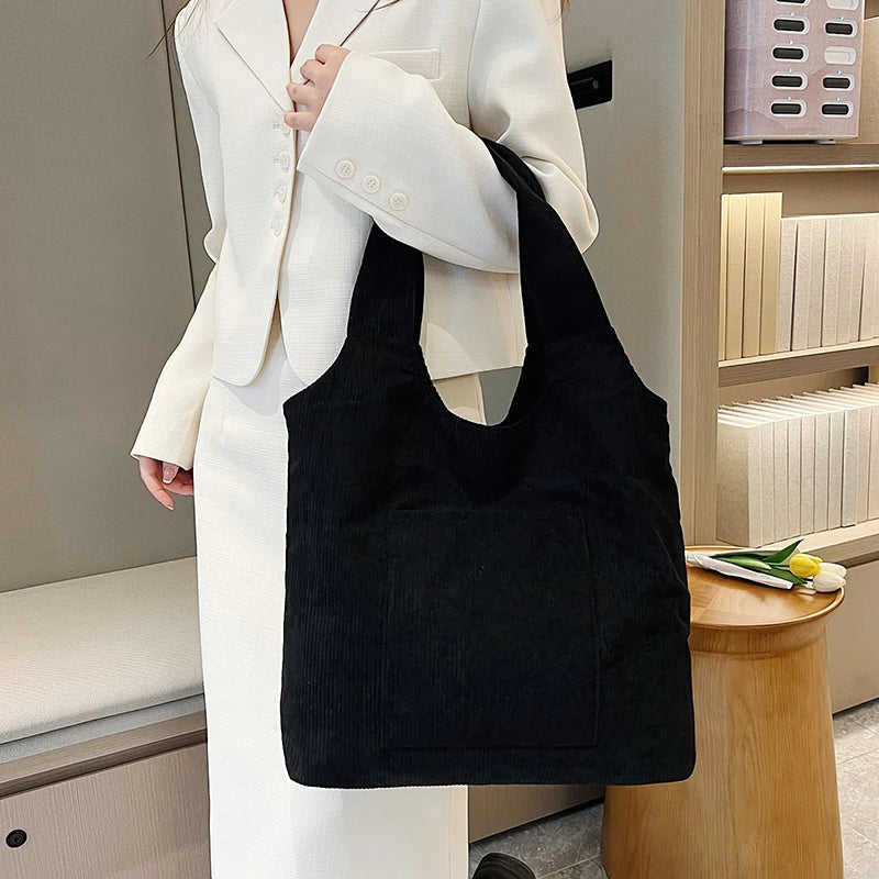 Women's Corduroy Tote Bag Large Capacity Handbag Shoulder Shopping Bag