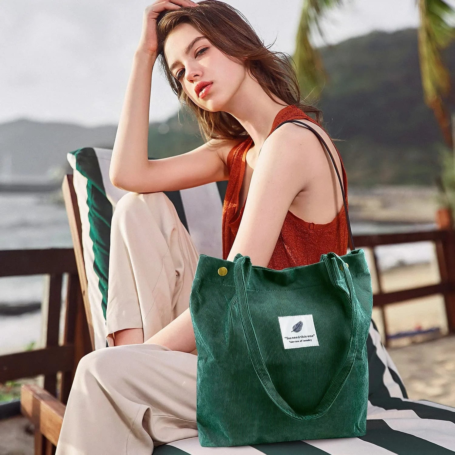 Corduroy Tote Bag Canvas Shoulder Purse with Inner Pocket