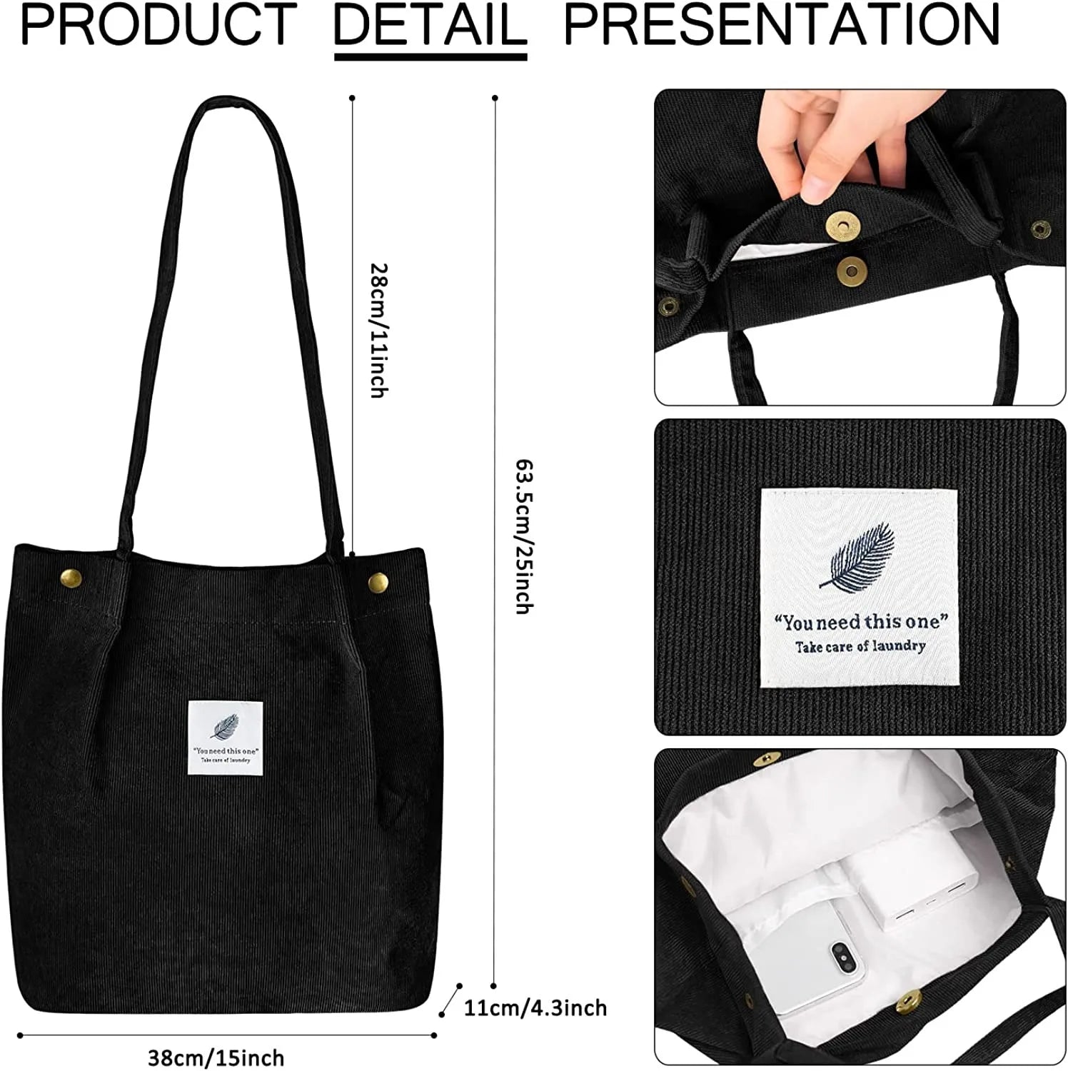 Corduroy Tote Bag Canvas Shoulder Purse with Inner Pocket