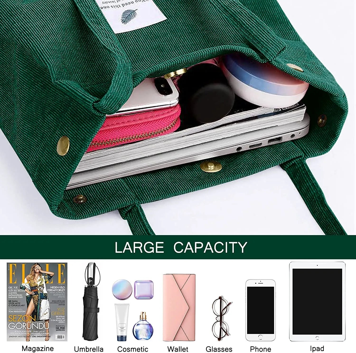 Corduroy Tote Bag Canvas Shoulder Purse with Inner Pocket