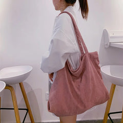 Corduroy Totes Bags Zipper Large Capacity Winter Shoulder Bags
