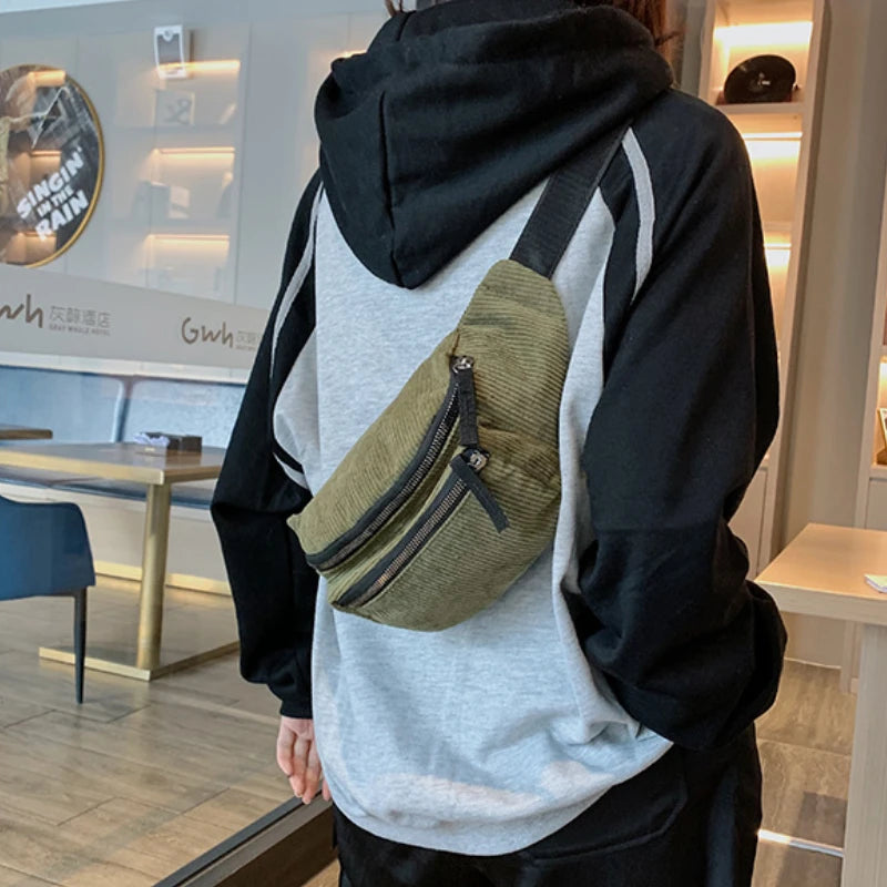 Women's Corduroy Waist Bag Chest Zipper