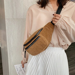 Women's Corduroy Waist Bag Chest Zipper