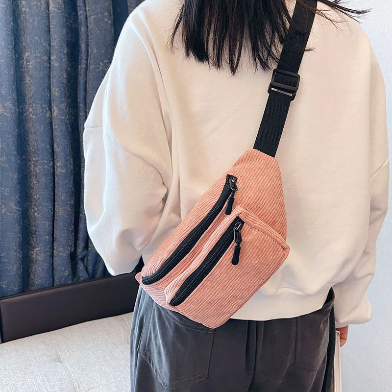 Corduroy Women's Waist Bag Zipper Chest Bag