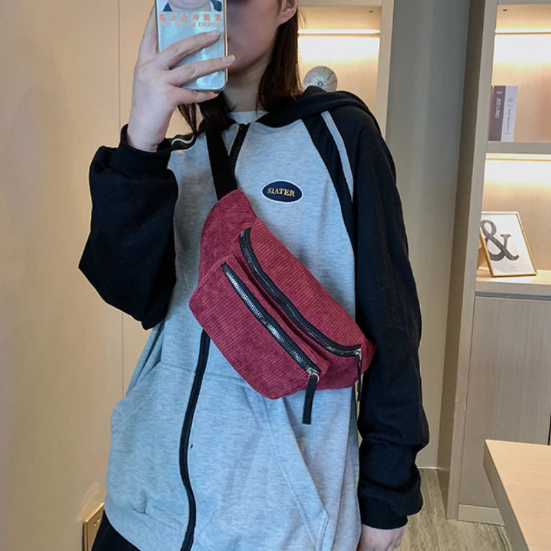 Women's Zipper Chest Bag Corduroy Waist Bag