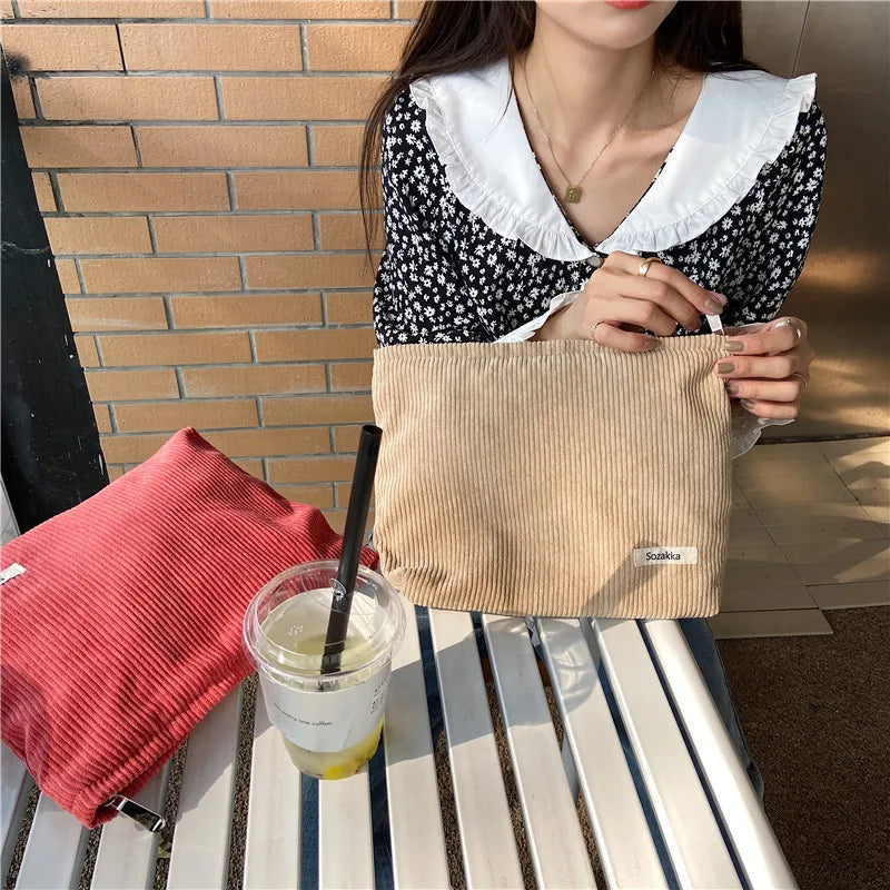 Corduroy Women Cosmetic Bag Makeup Pouch Hand Travel Zipper Clutch Phone Purse