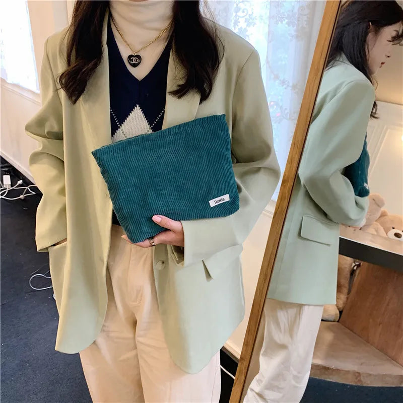 Corduroy Women Cosmetic Bag Makeup Pouch Hand Travel Zipper Clutch Phone Purse