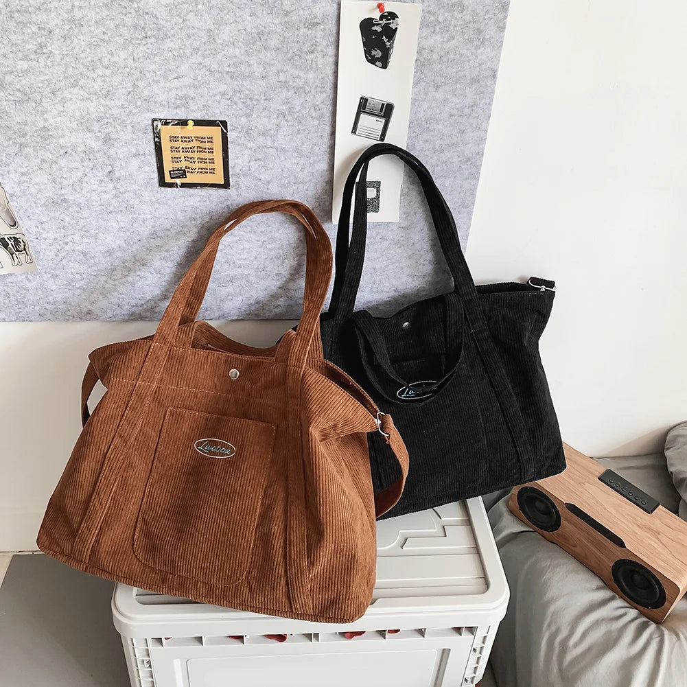 Corduroy Women Crossbody Bag Large Capacity Striped Soft Travel Shoulder Bag