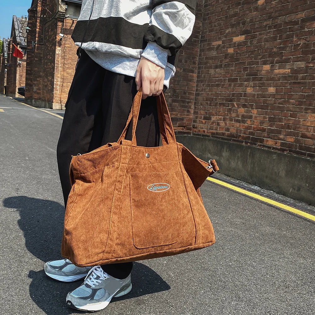 Corduroy Women Crossbody Bag Large Capacity Striped Soft Travel Shoulder Bag